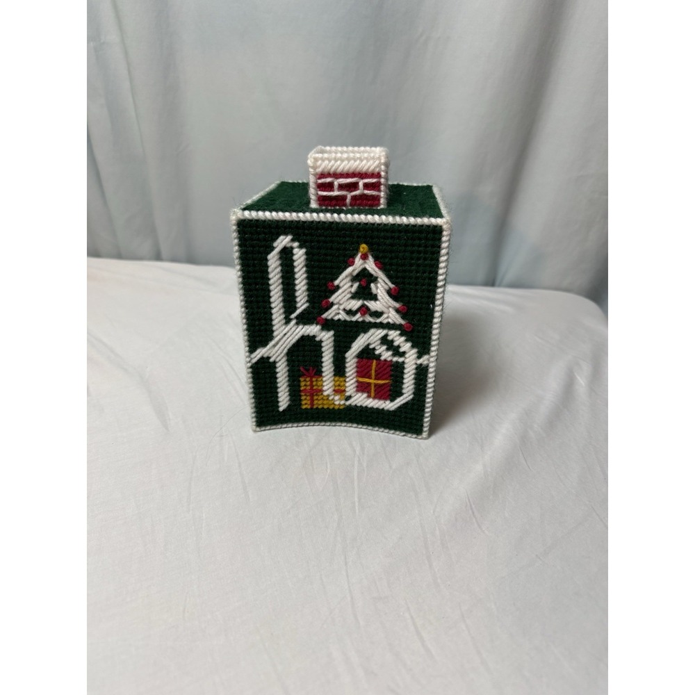 Vintage Needlepoint Christmas Handmade Tissue Box Cover Grandmacore Ho Ho Ho